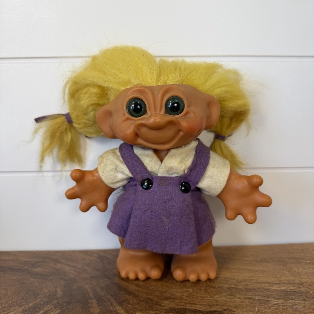 Vintage 60-70s Thomas Dam Troll Bank Doll w/ Yellow Hair & Purple Dress 7 " Tall